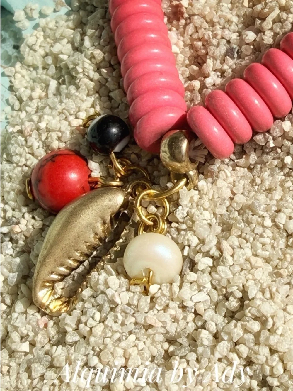 TURQUOISE Red Bead Bracelet with Gold-Tone Charms